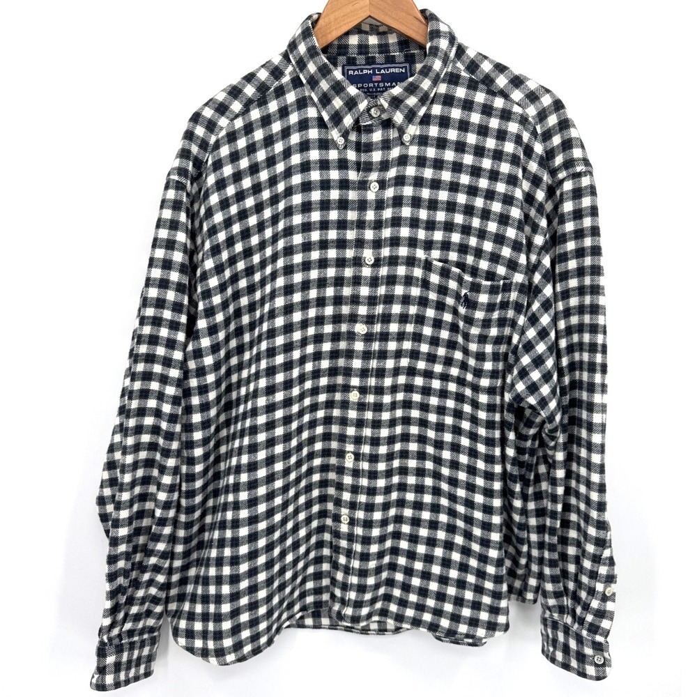 Ralph Lauren Mens Flannel Shirt 2XL Green Gingham Plaid Sportsman Button Down